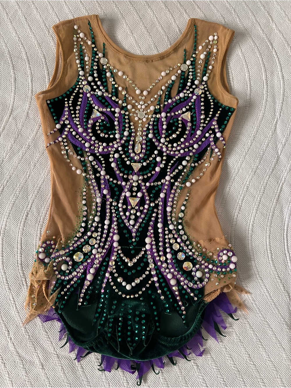 Bejeweled Tan & Green Performance Leotard with Purple Accents